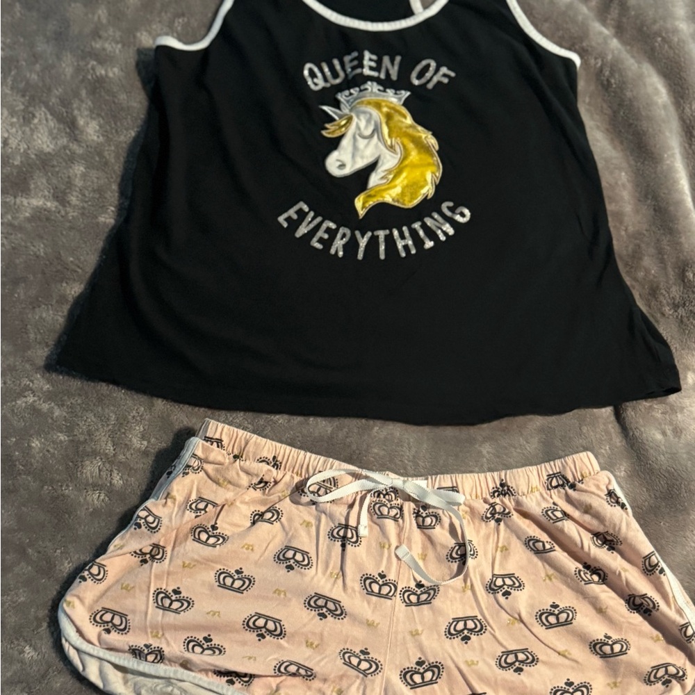 JUICY COUTURE Black Unicorn Tank Top and Pink Crown Shorts Set